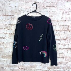 Aqua Cashmere Black Intarsia Print Jumper Sweater Size Small